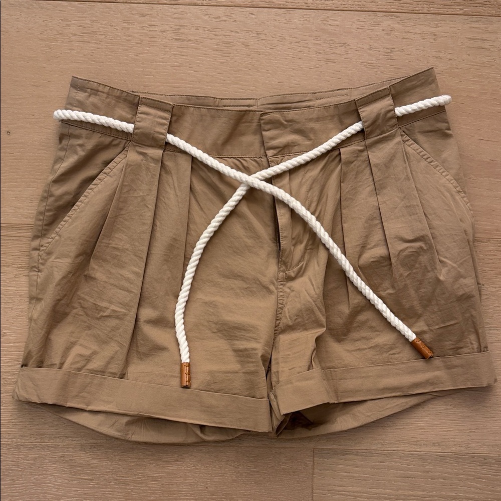 Frame Denim Khaki High-Rise Pleated Shorts with White Rope Belt